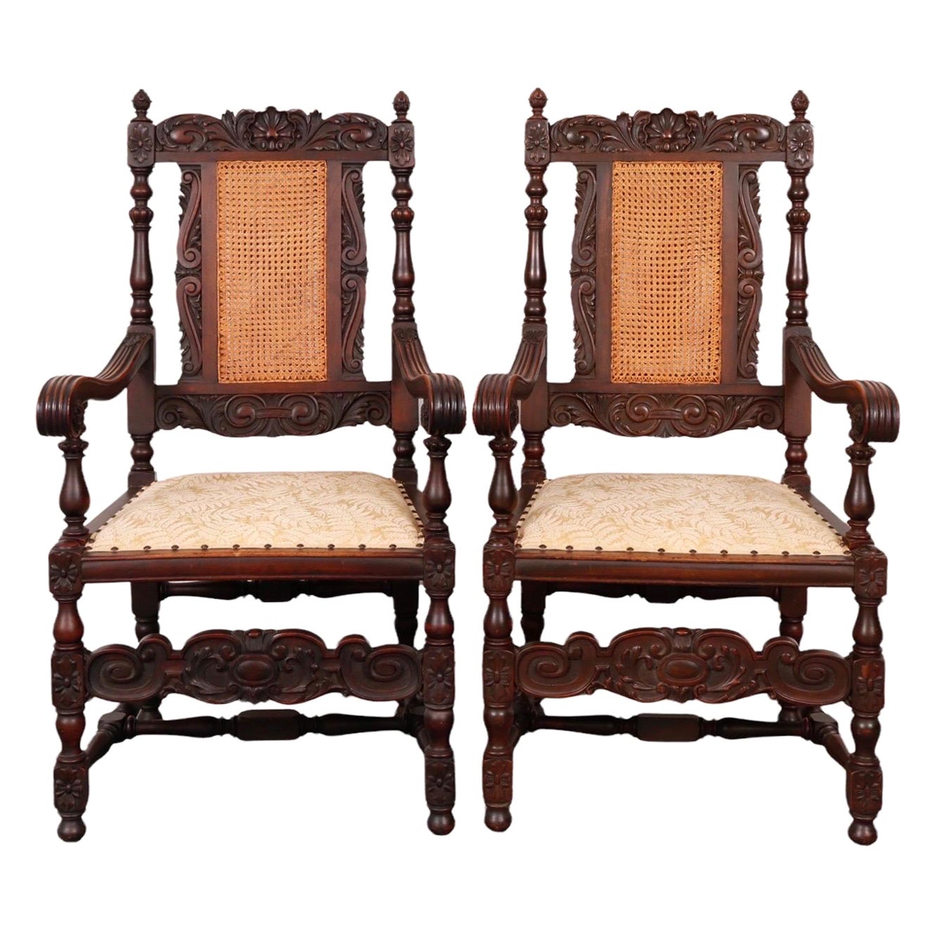 Jacobean Cane Back Armchairs, a Pair For Sale