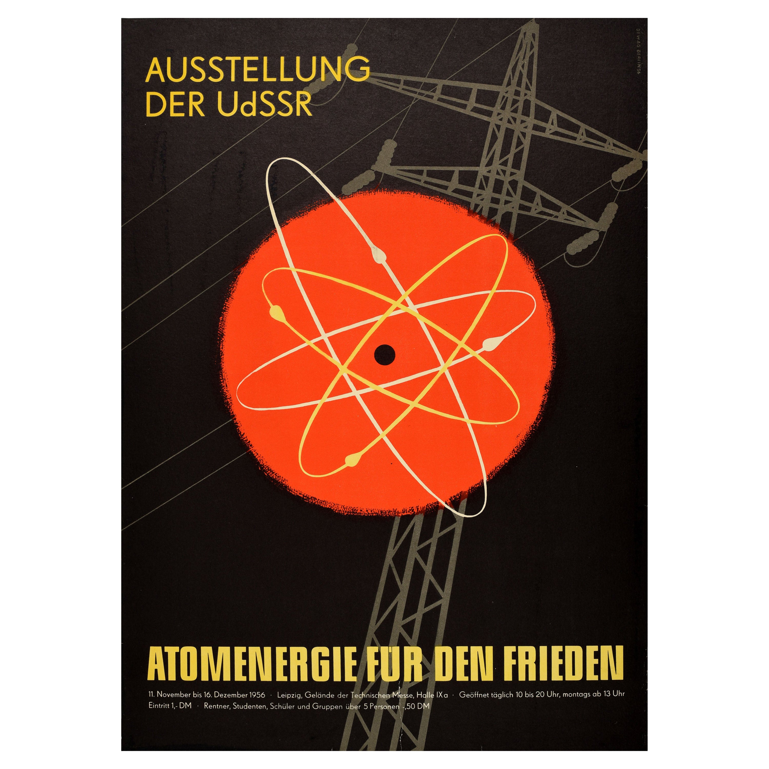 Original Vintage Poster Atomische Energie für Frieden UdSSR Ausstellung Leipziger Messe