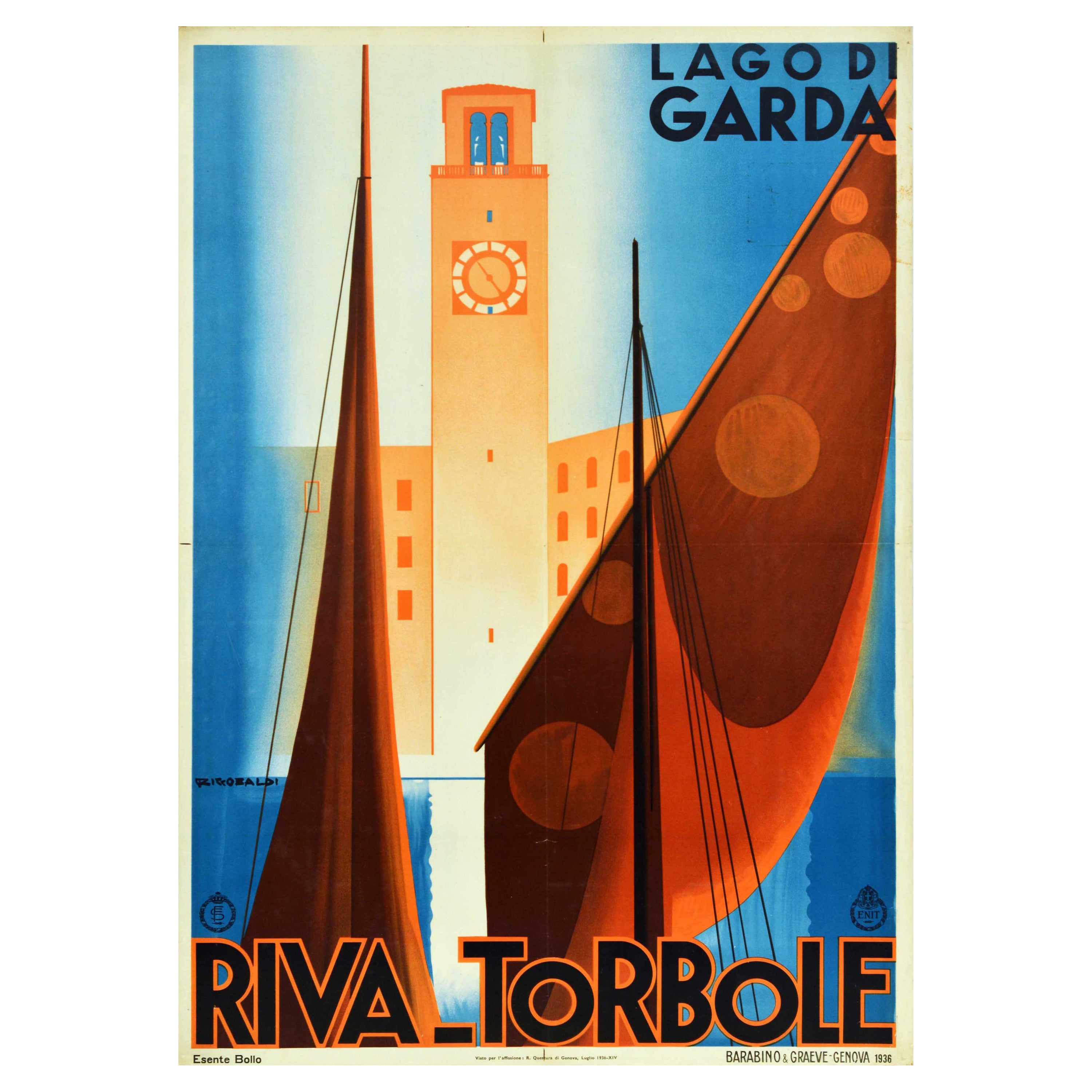 Original Vintage Travel Poster Lago Di Garda Lake Riva Torbole Italy Sailing Art For Sale