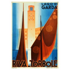 Affiche rétro originale de voyage Lago Di Garda lac Riva Torbole Italie Voile