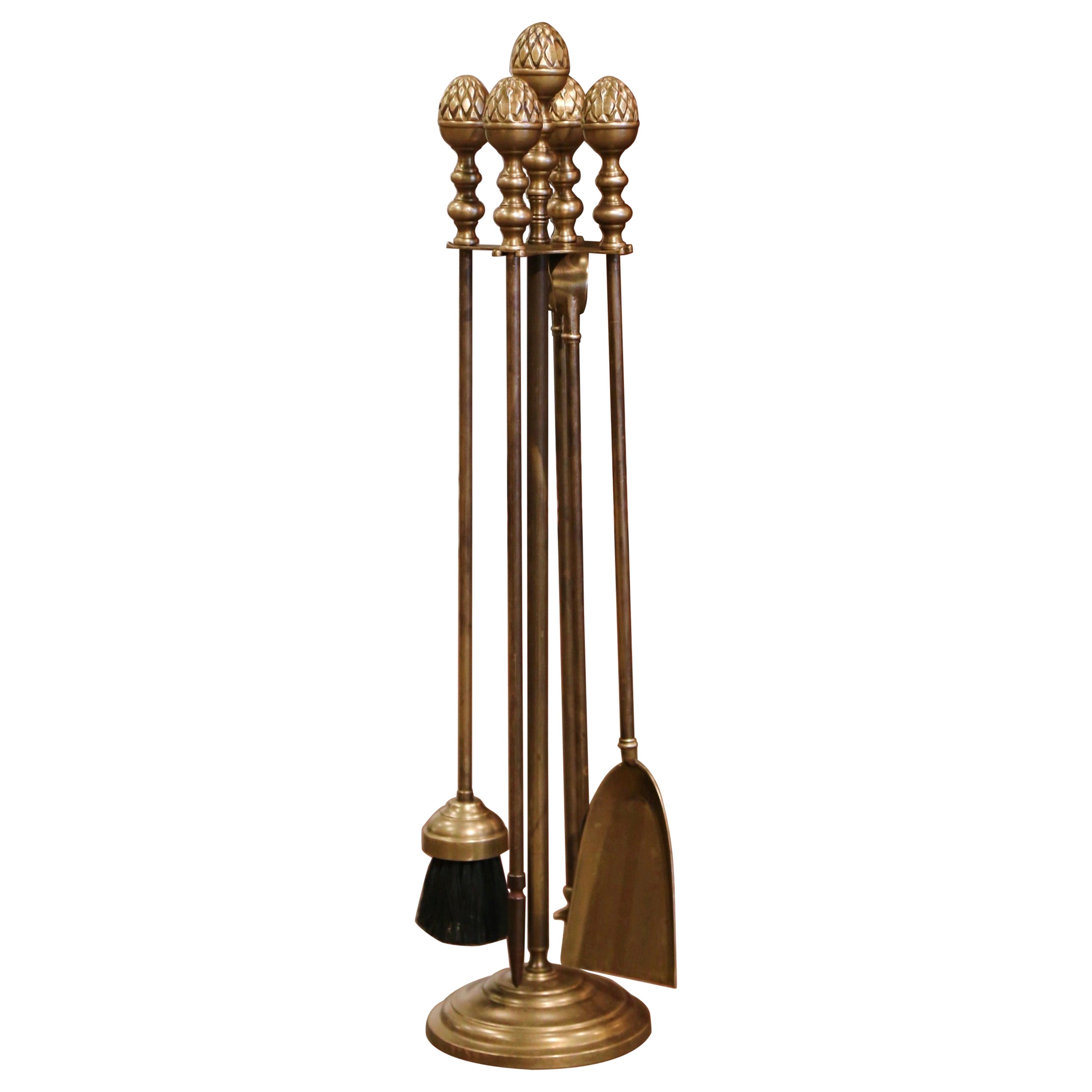 19th Century French Brass Fireplace Tool Set on Stand with Coat of Arm