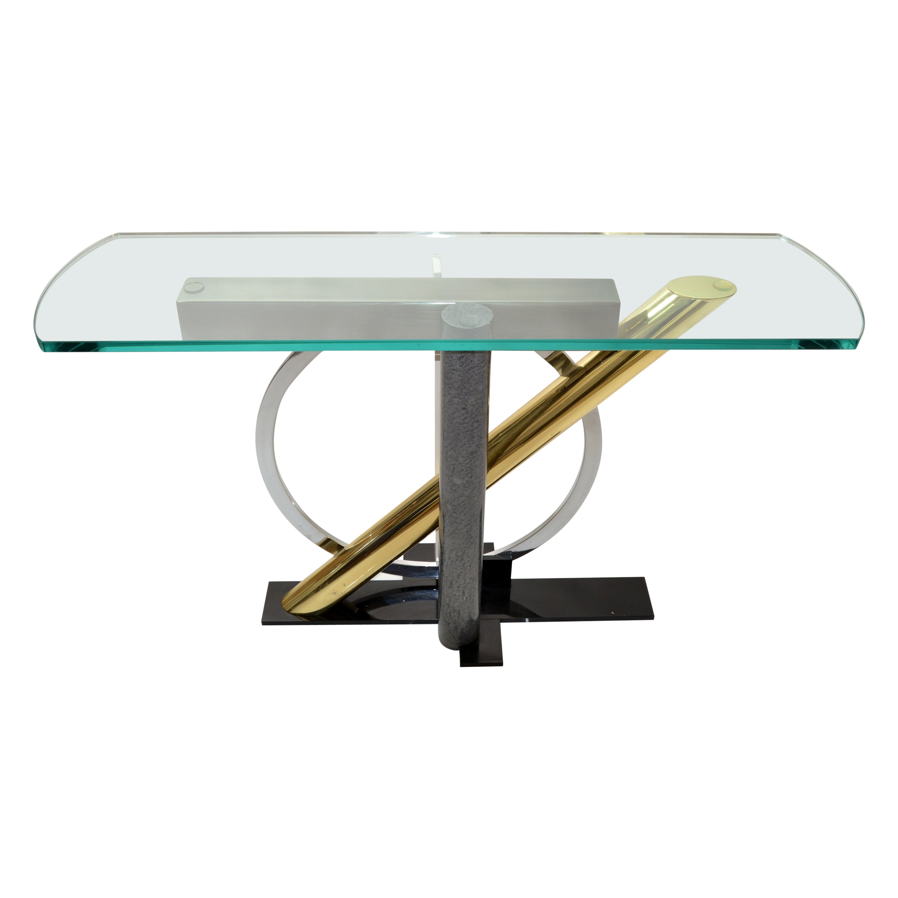 Kaizo Oto Design Institute of America Console Glass Table Brass, Steel, Chrome For Sale