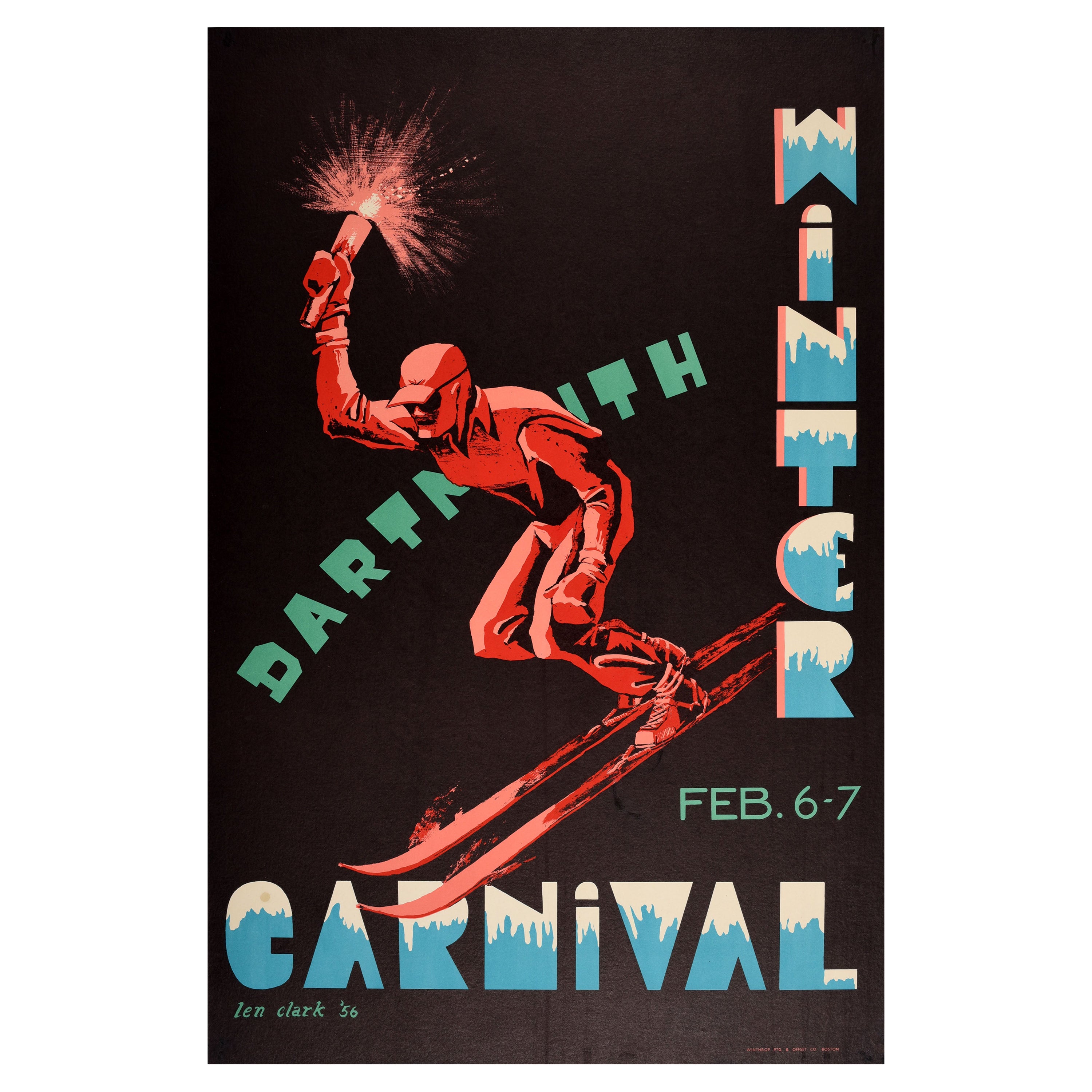 Affiche de ski d'origine vintage originale du Dartmouth College, dessin du carnaval d'hiver 1953