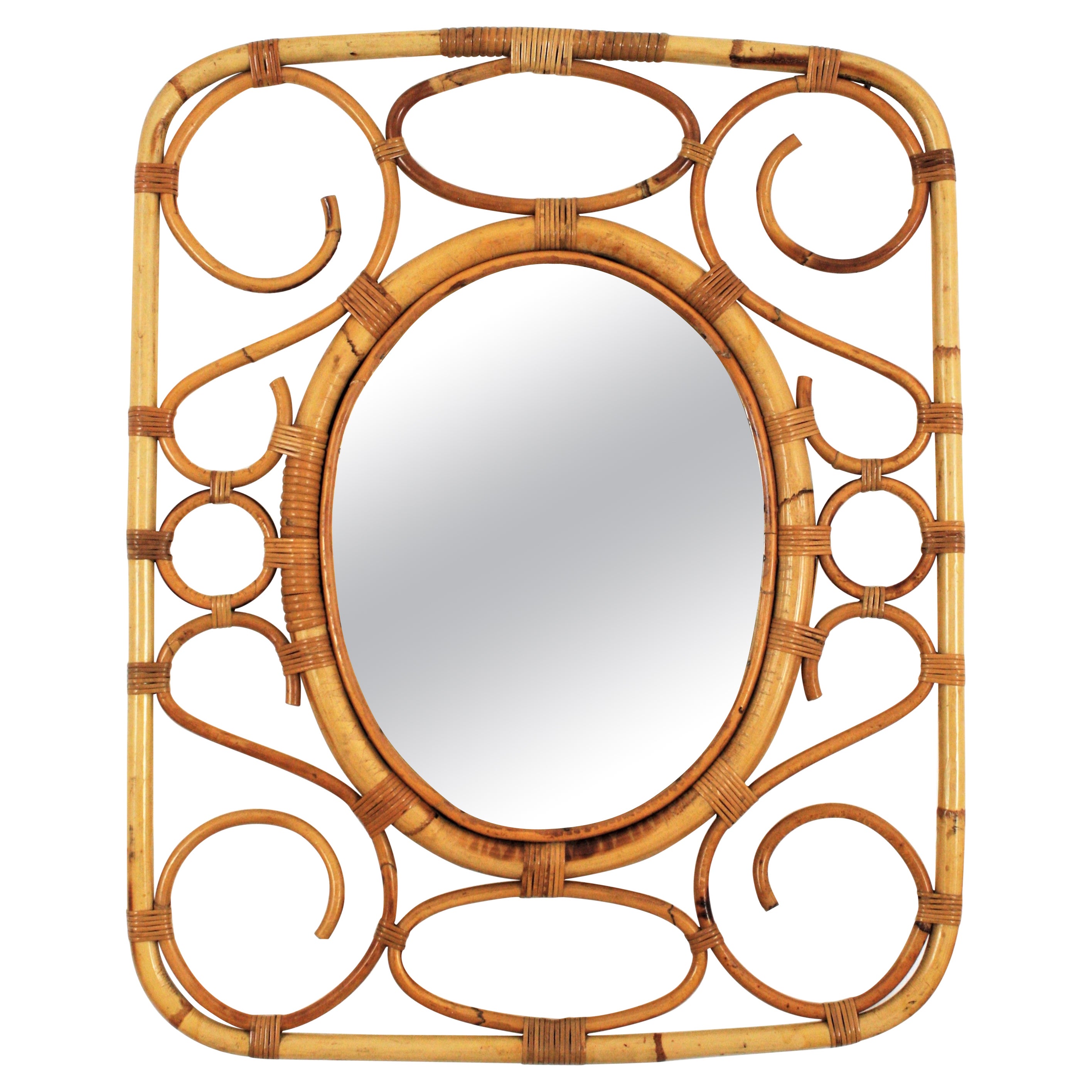 Mid-Century Modern Bamboo Rattan Rectangular Mirror