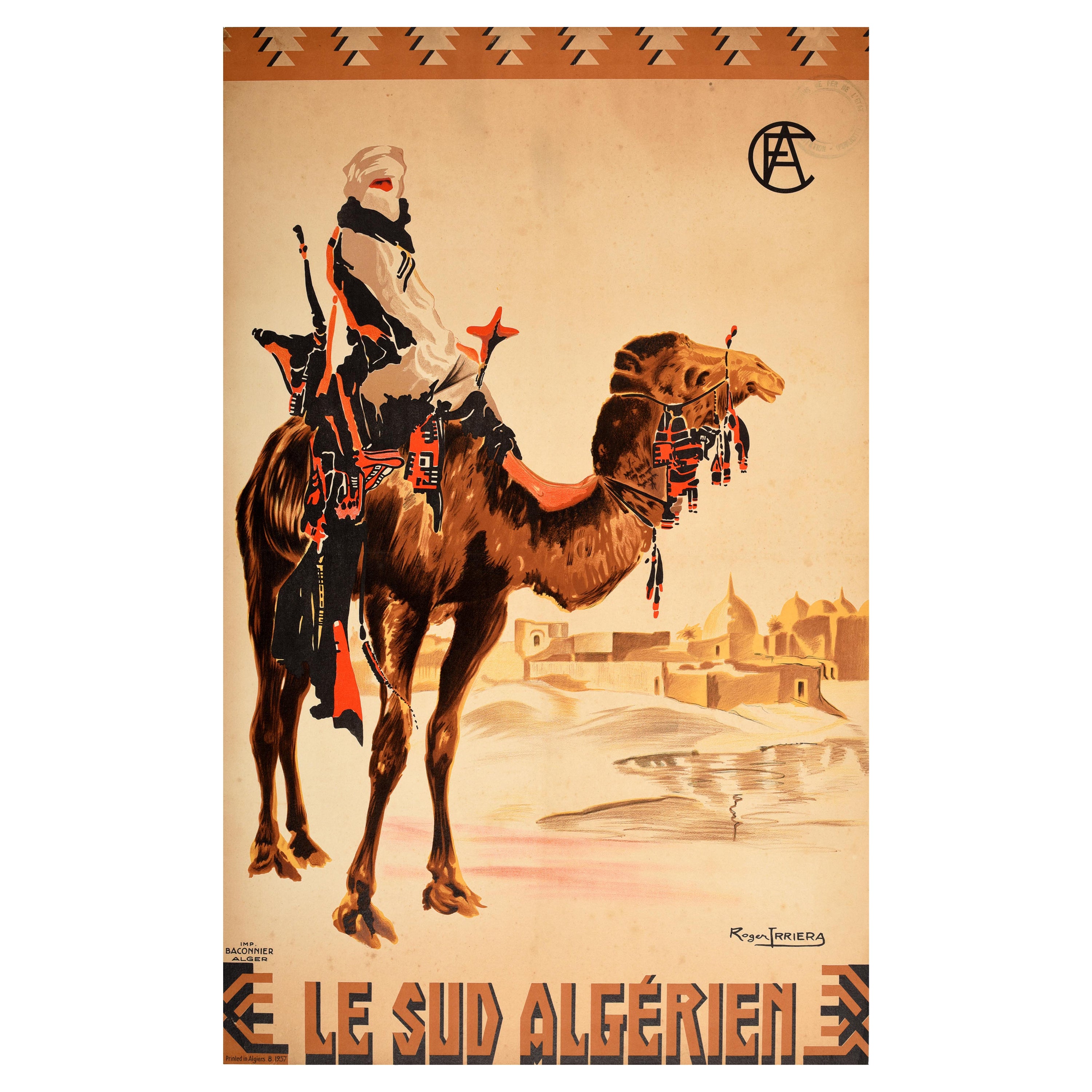 Poster di viaggio ferroviario originale d'epoca Il sud algerino Camel Art Algeria Africa