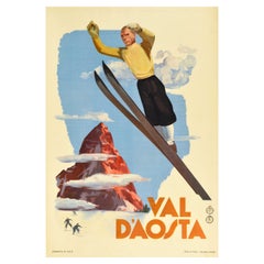 Original Vintage Skiing Poster Val D'Aosta Italy Ski Jump Winter Sport Travel
