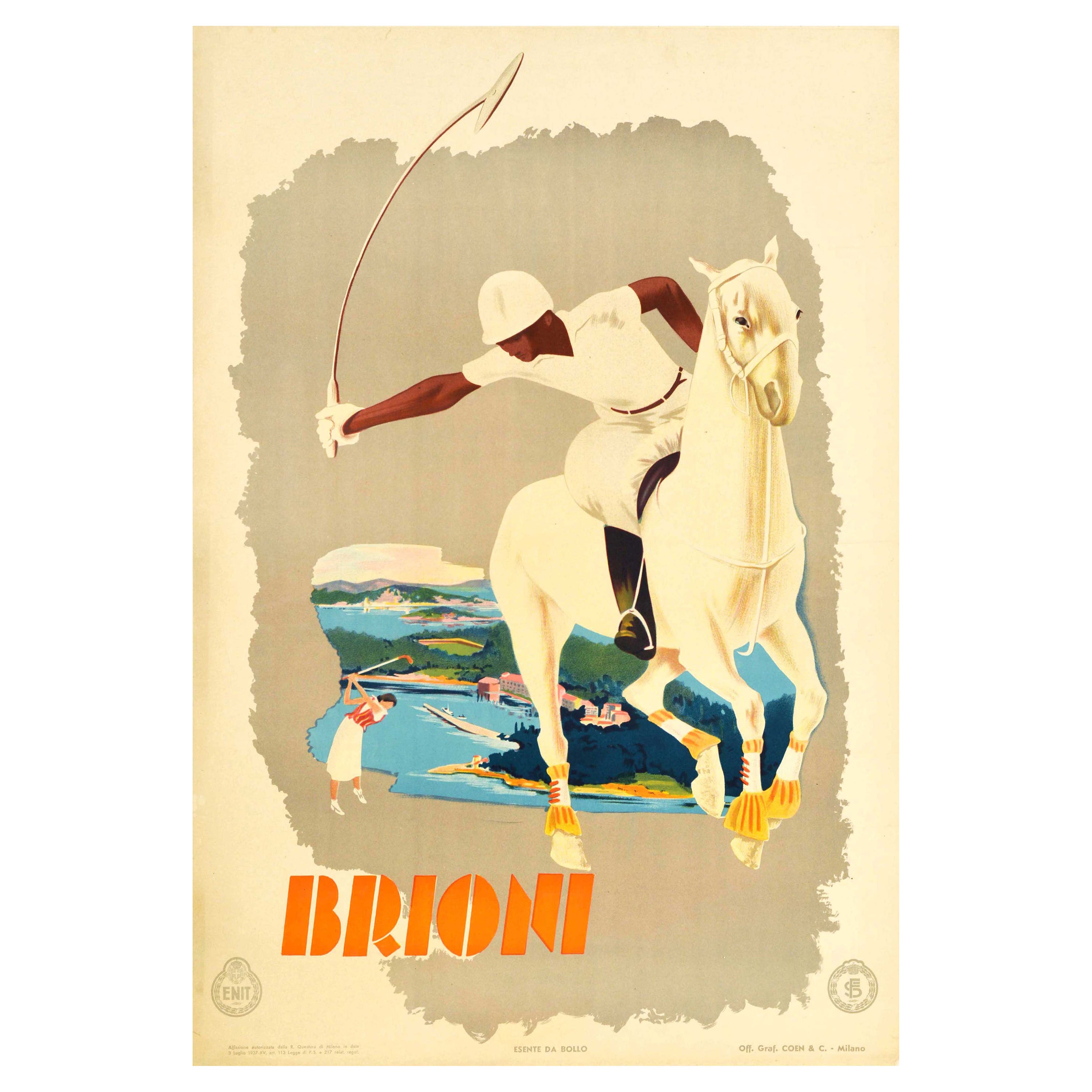 Original Vintage ENIT Travel Poster Brioni Italy Polo Sailing Golf Sport Design