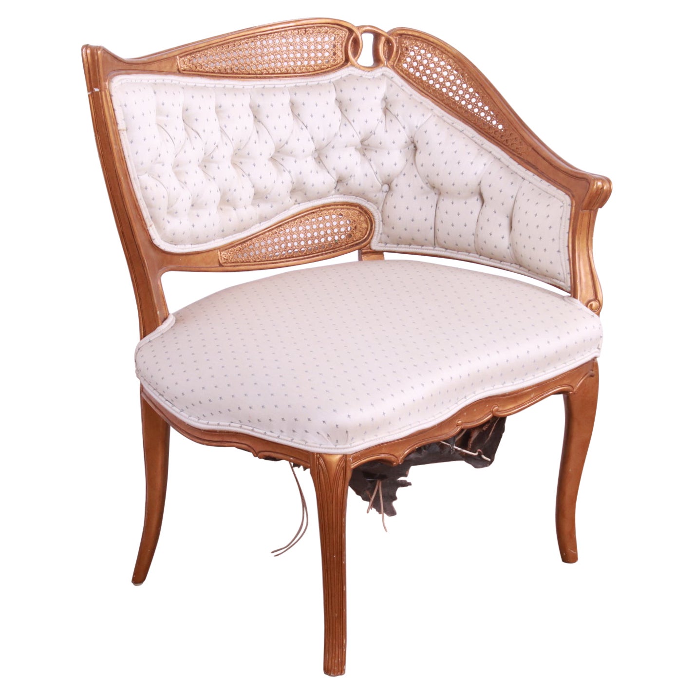 French Rococo Louis XV Giltwood and Cane Upholstered Fireside Chair