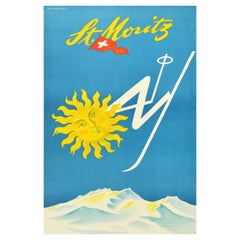 Original Vintage Winter Sport Poster St Moritz Switzerland Travel Skiing Sun Art