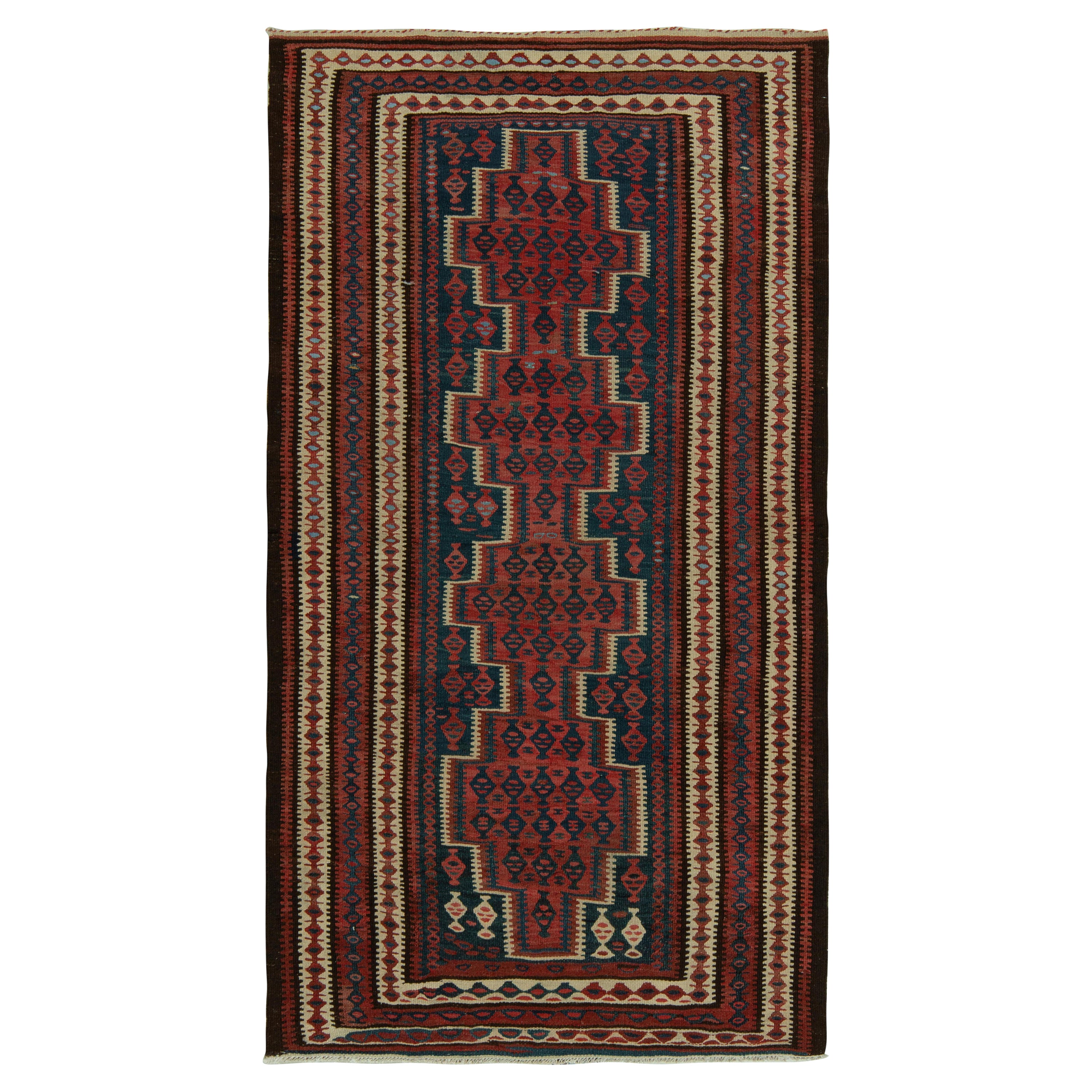 1950s Vintage Kilim Rug in Red, Blue and Brown Geometric Patterns by Rug & Kilim For Sale