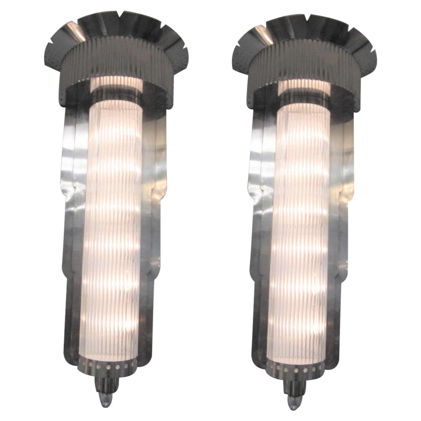 Pair of Monumental Art Deco Glass and Nickel Wall Sconces