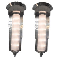 Used Pair of Monumental Art Deco Glass and Nickel Wall Sconces