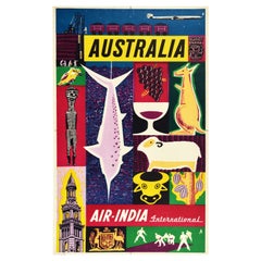 Original Vintage Travel Poster Australia Air India Plane Cricket Fishing Wine