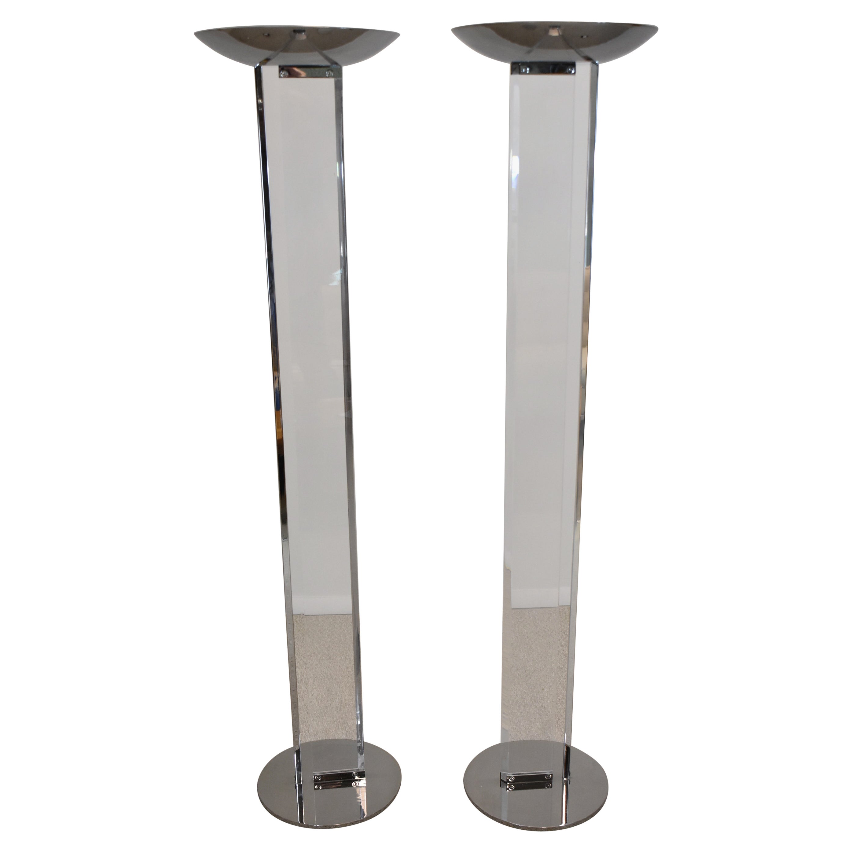 Pair Frederick Raymond Acrylic & Chrome Floor Lamps circa 1986 For Sale