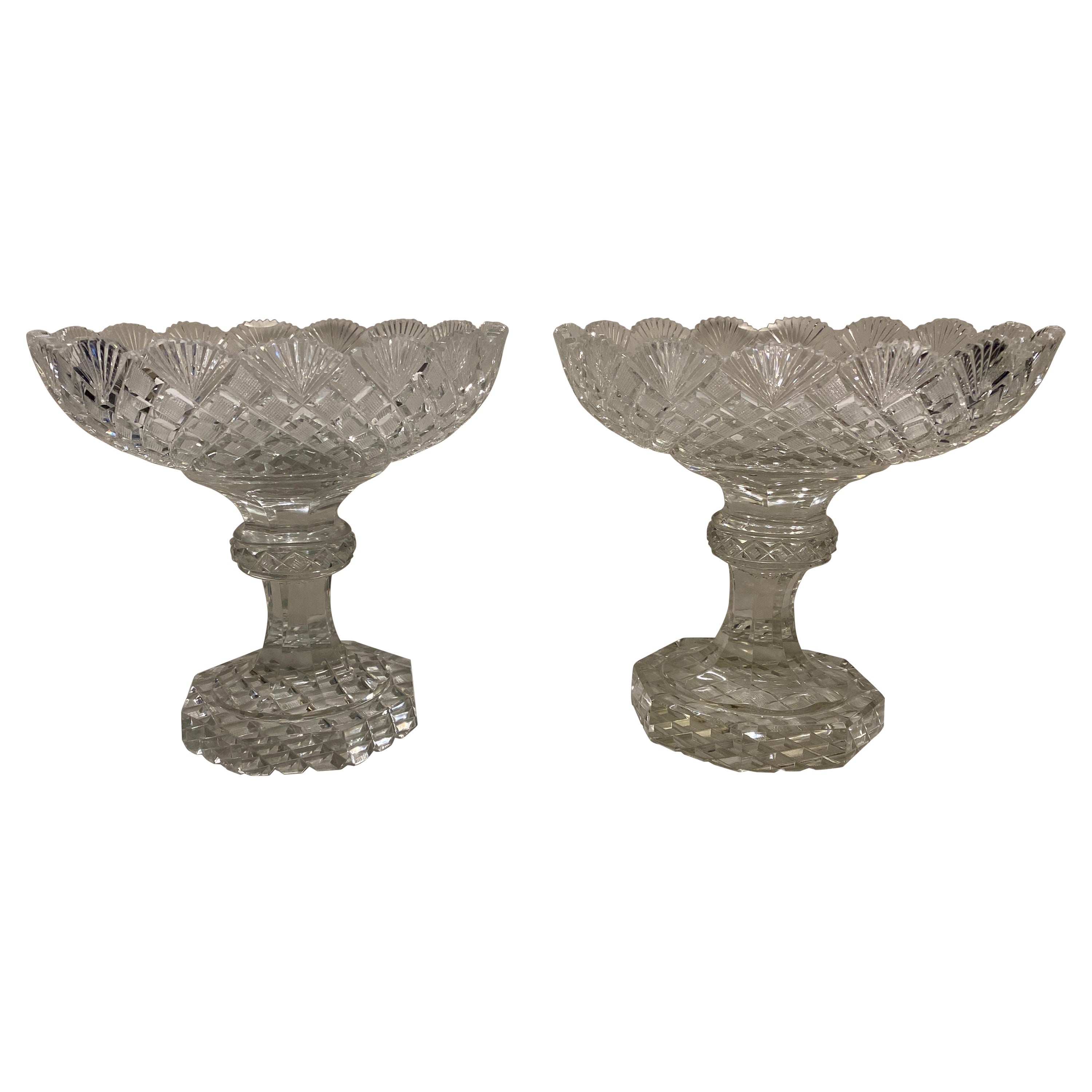 Large Pair of Georgian Cut Glass Pedestal Compotes For Sale