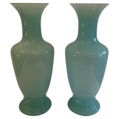 Wonderful Large Vintage Pair Opaline Art Glass Sea Foam Green Vases Urns