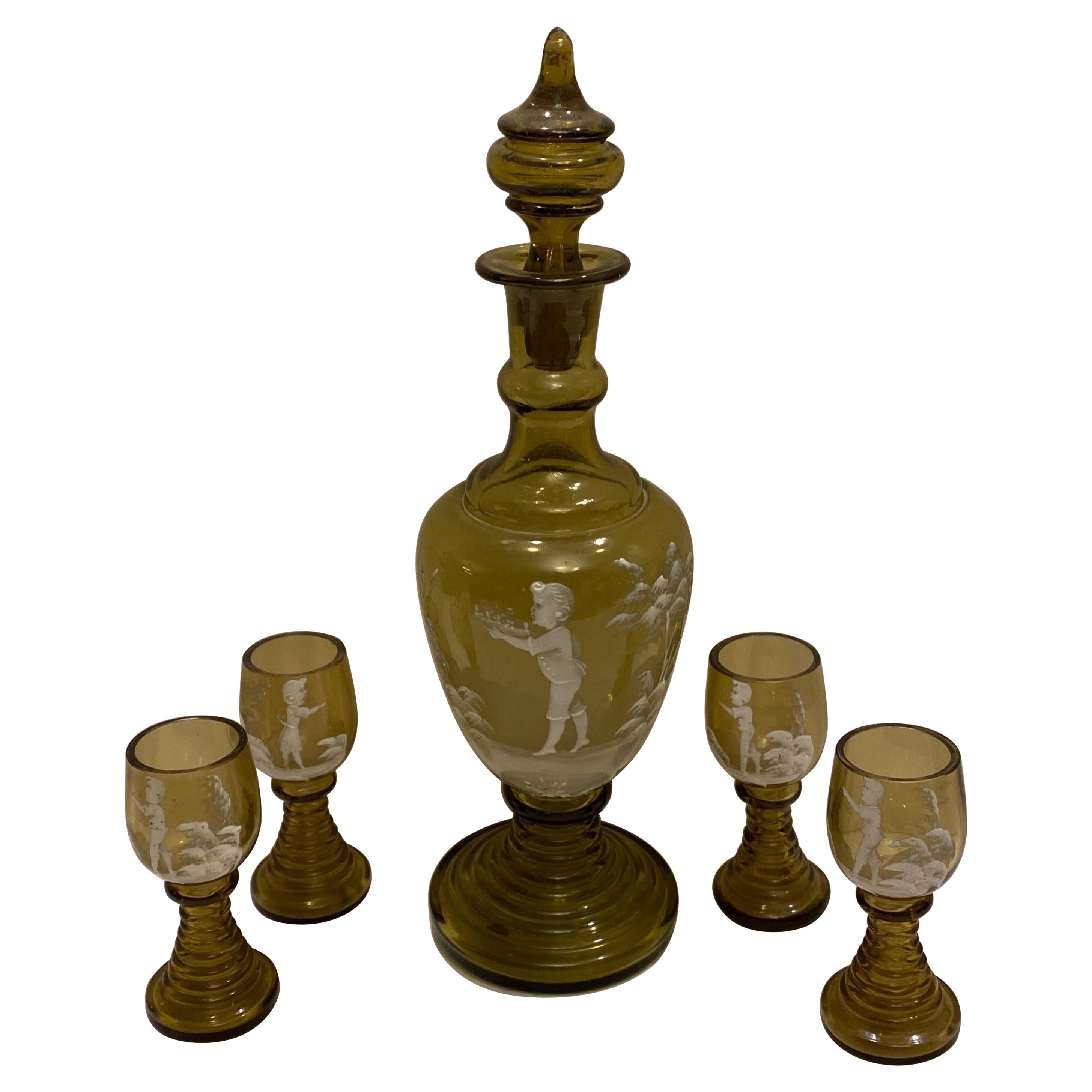 19th Century Mary Gregory Glass Decanter with Glasses For Sale