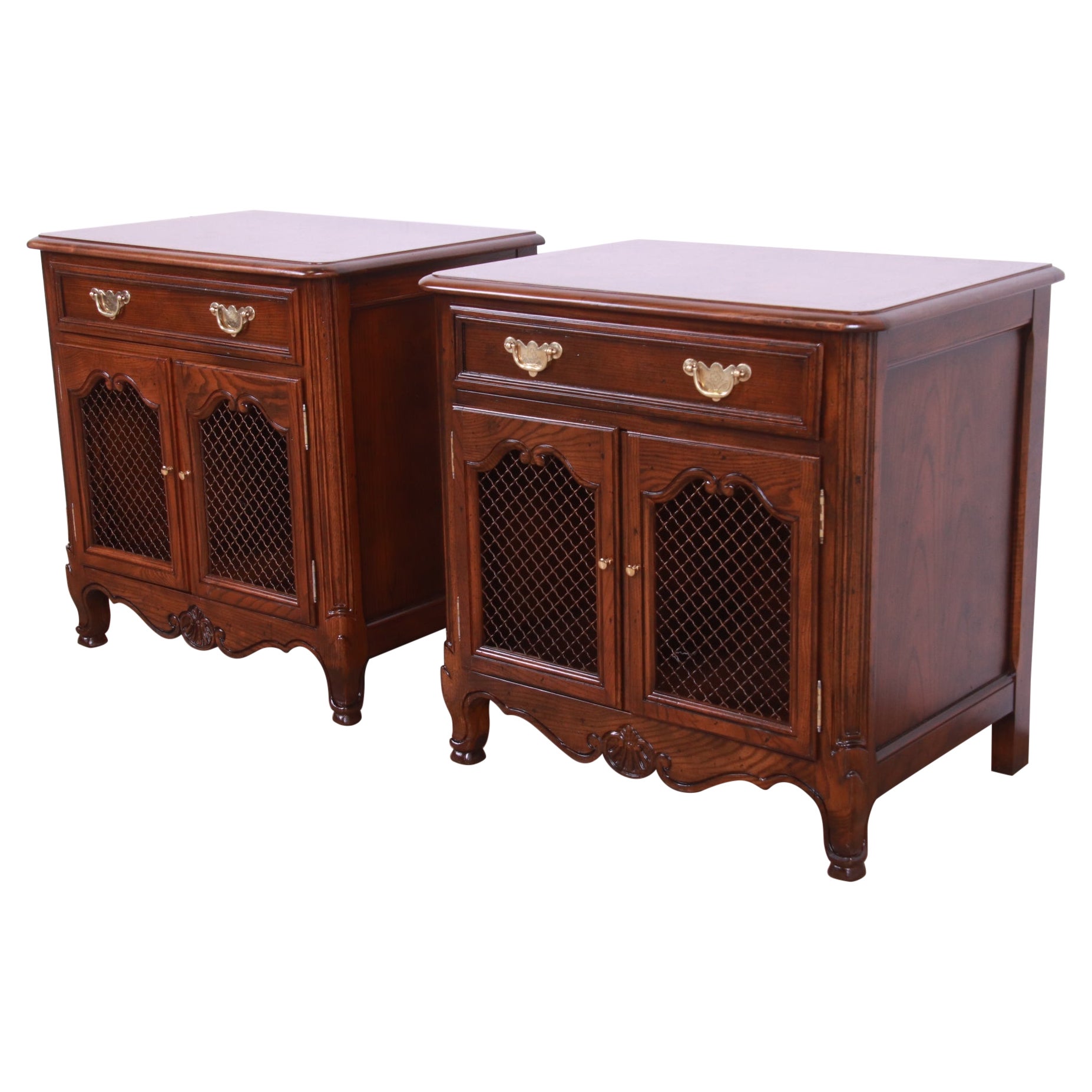 Baker Furniture French Provincial Louis XV Oak and Burl Nightstands, Refinished