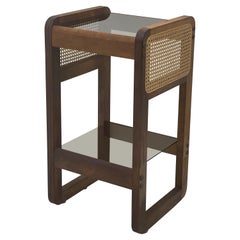 Art Deco Walnut Side Table or Bar Accent Table With Rattan and Glass Top