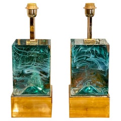 Pair of Green Murano Glass Block Lamps