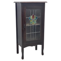 Antique English Walnut Storage Cabinet or Entryway Bookcase Shelf Stained Glass