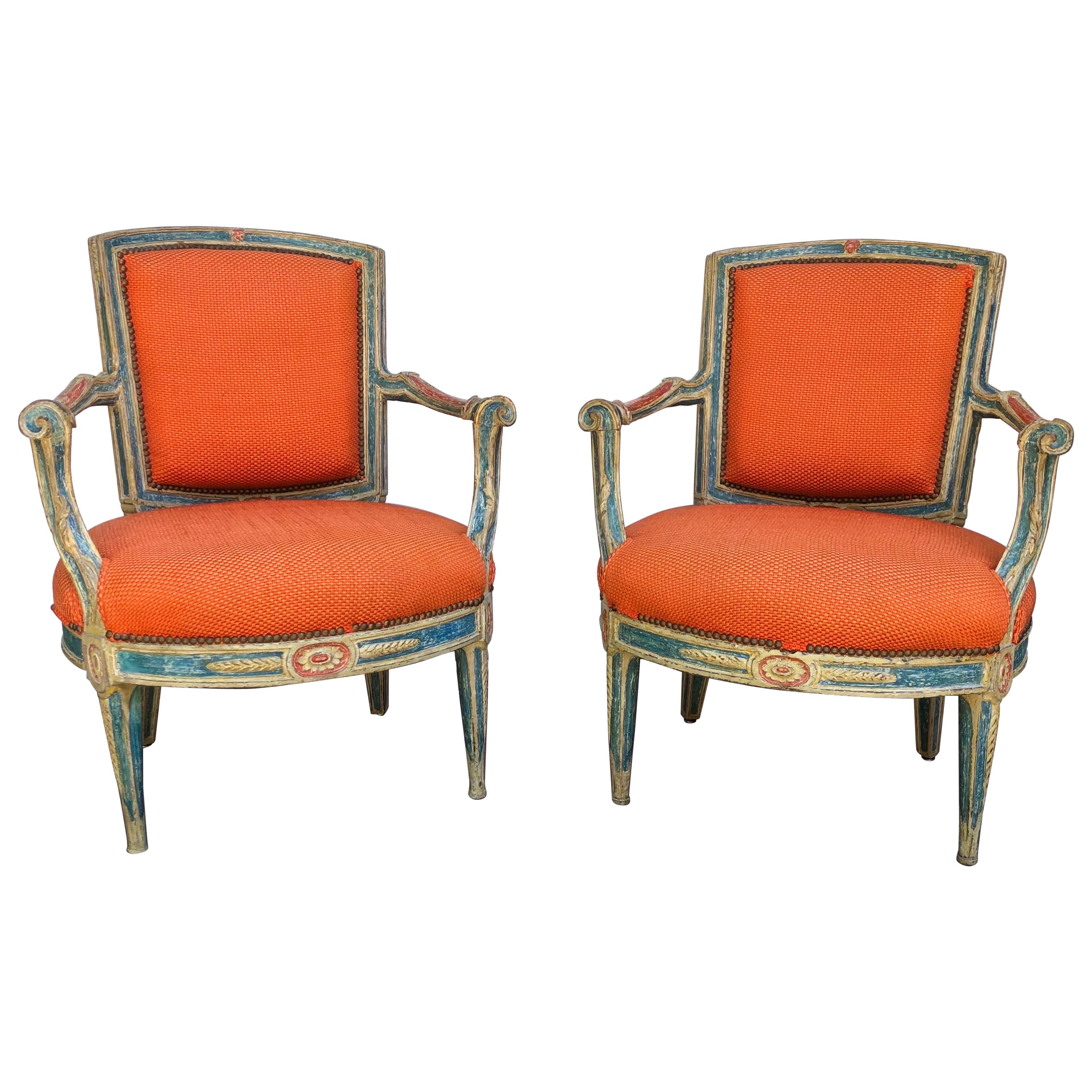 18th C. Pair of Italian Neoclassical Paint Decorated Armchairs For Sale