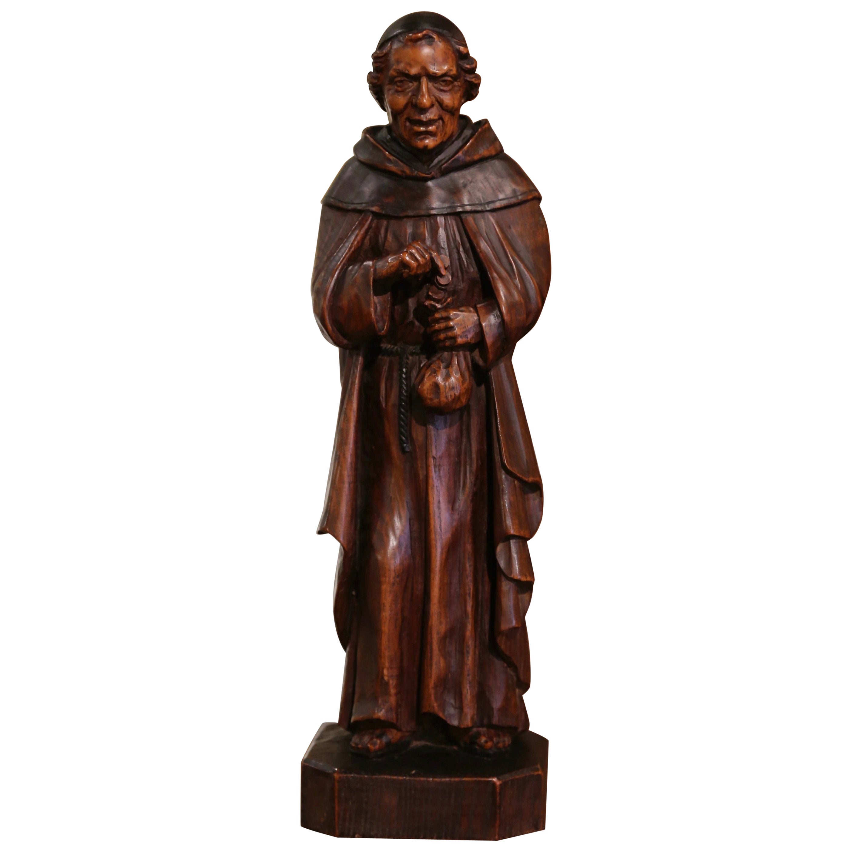 19th Century French Hand Carved Oak Monk Statue Signed J. Sabater