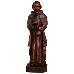 Antique 19th Century French Hand Carved Oak Monk Statue Signed J. Sabater