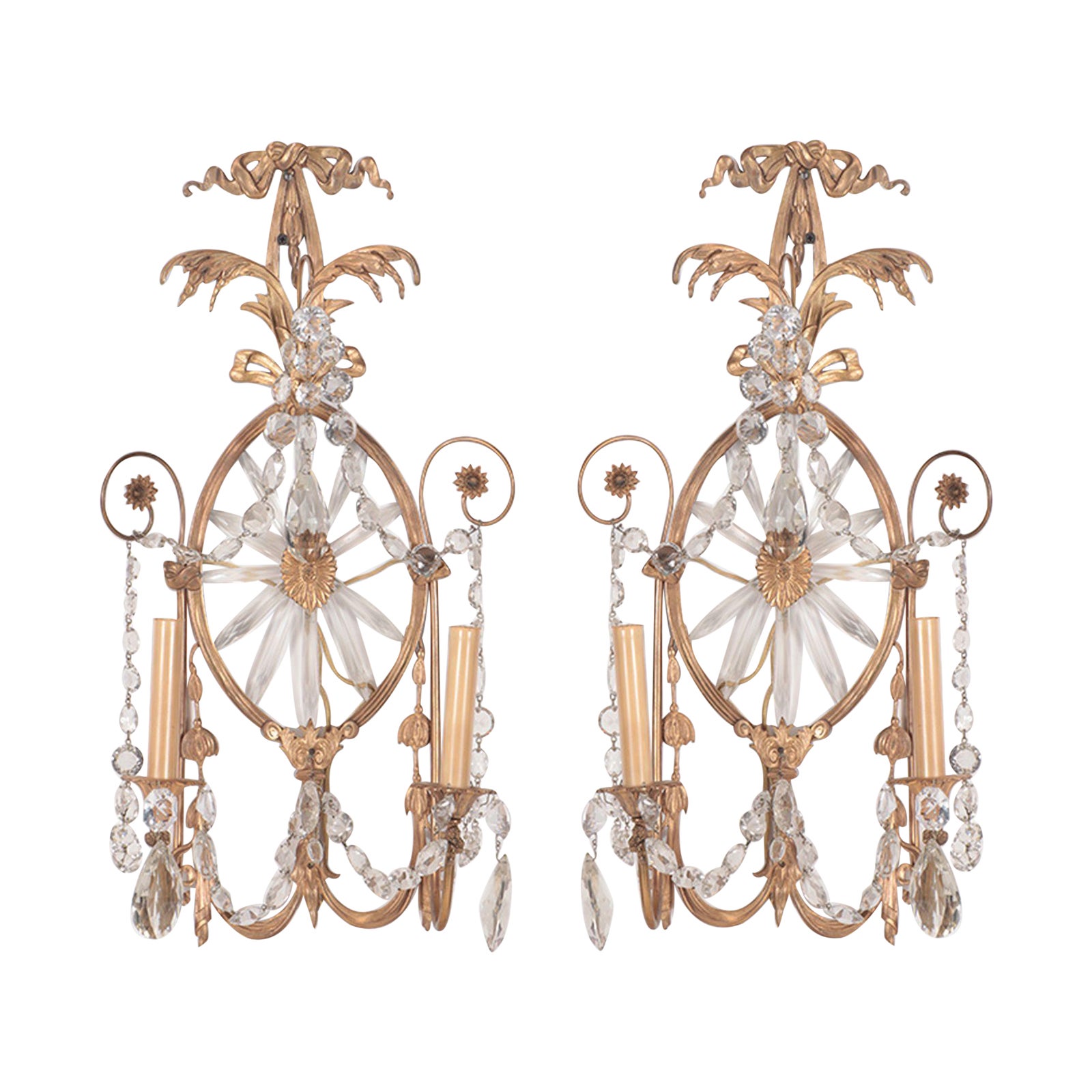 Pair of Early 20th Century Regency Style Bronze & Crystal Wall Sconces