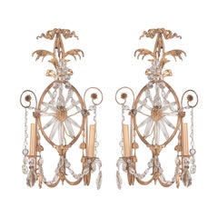 Pair of Early 20th Century Regency Style Bronze & Crystal Wall Sconces