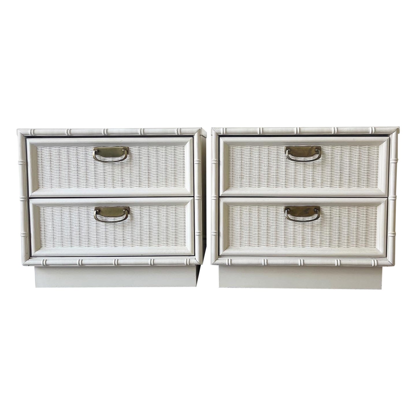 Boho White and Cream Faux Bamboo and Wicker Paneled Nightstands, a Pair