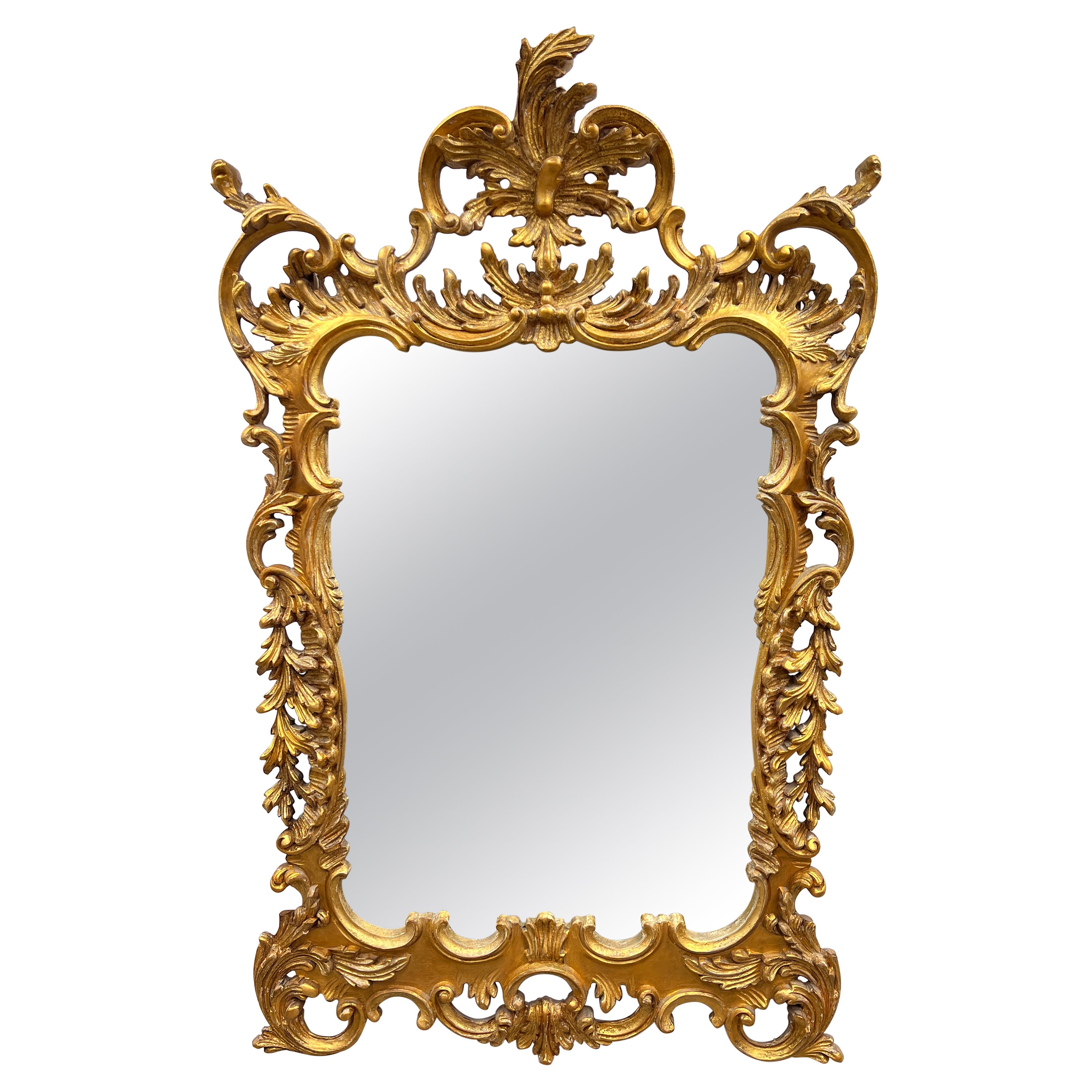 Mid-Century Italian Rococo Hand-carved Gilt-wood Looking Glass Mirror For Sale