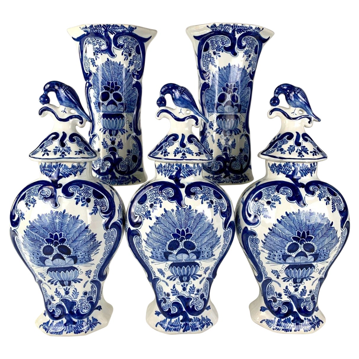 Blue and White Five Piece Delft Garniture Made Netherlands Circa 1880