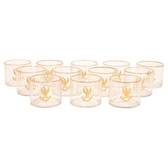 Set of 12 Armorial Straight Facet-Cut 24 Panel Gilt Decorated Crystal Glasses