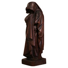 19th Century French Hand Carved Oak Monk Statue in Prayer