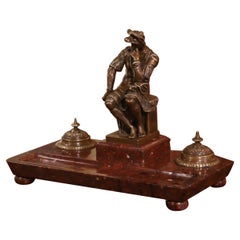 19th Century French Bronze Inkwell with Roman Figure on Brown Marble Base