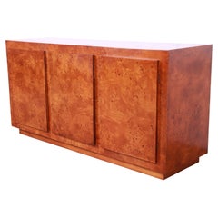 Milo Baughman Style Burled Olive Wood Sideboard, Credenza, or Bar Cabinet