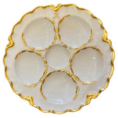 Ancienne assiette à huîtres française Haviland en porcelaine de Limoges ivoire et or, vers 1890