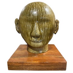 Large Green Glazed Ceramic Serene Buddha Head Bust Sculpture Custom Wood Stand