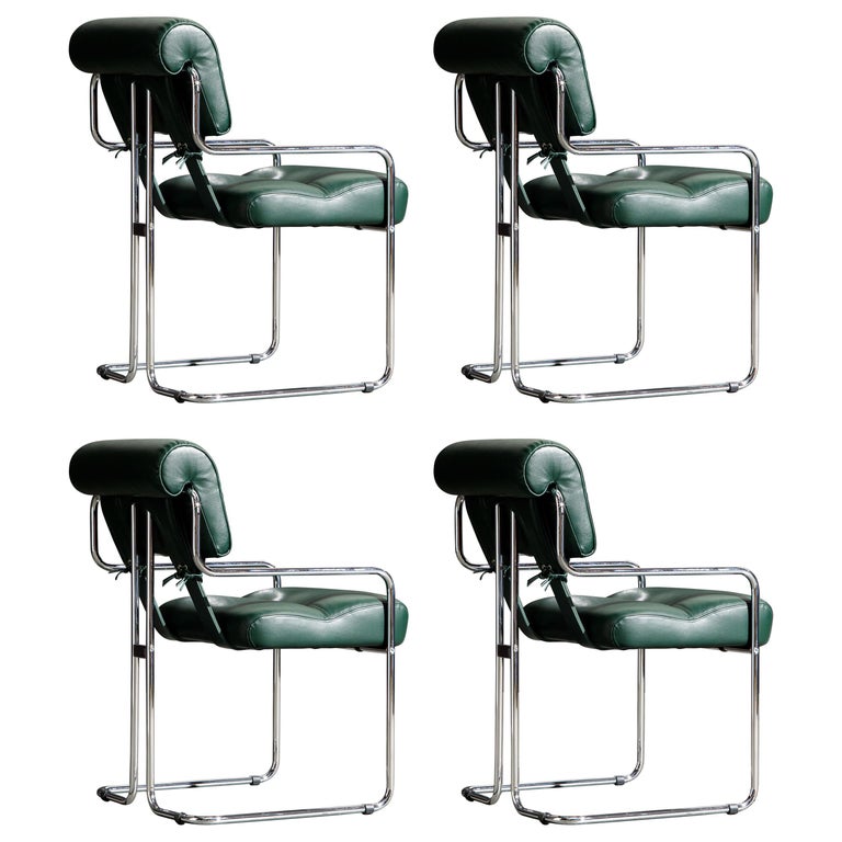 Set of Four Emerald Green Leather Tucroma Chairs by Guido Faleschini for Mariani For Sale