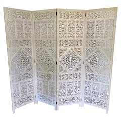 Vintage 4 Panel Anglo Indian White Washed Folding Screen