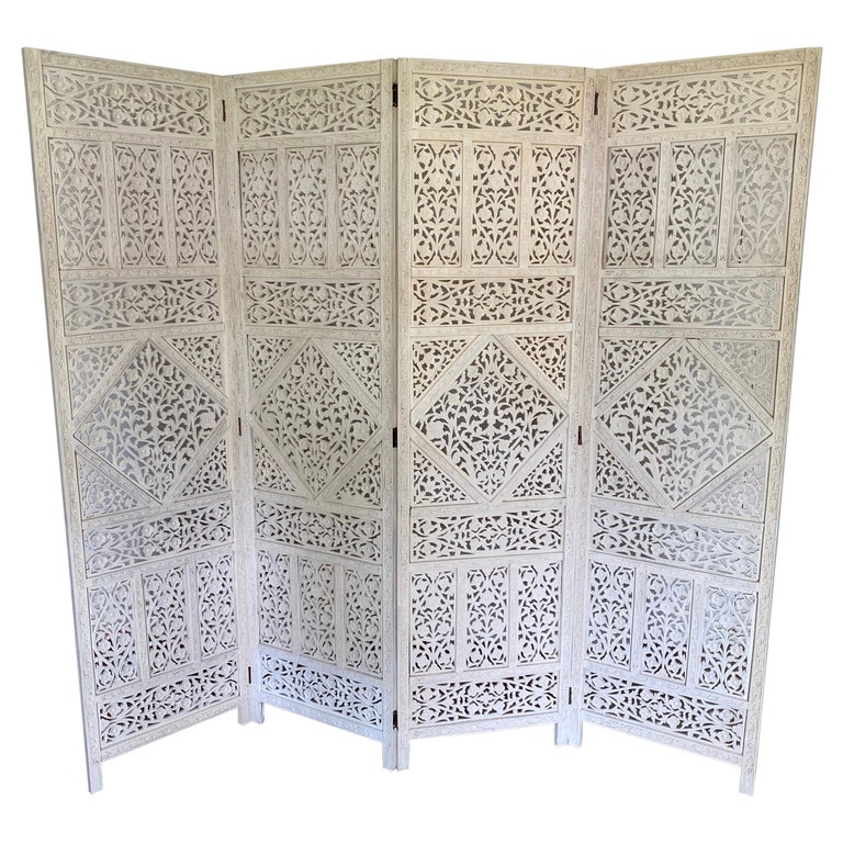 4 Panel Anglo Indian White Washed Folding Screen For Sale