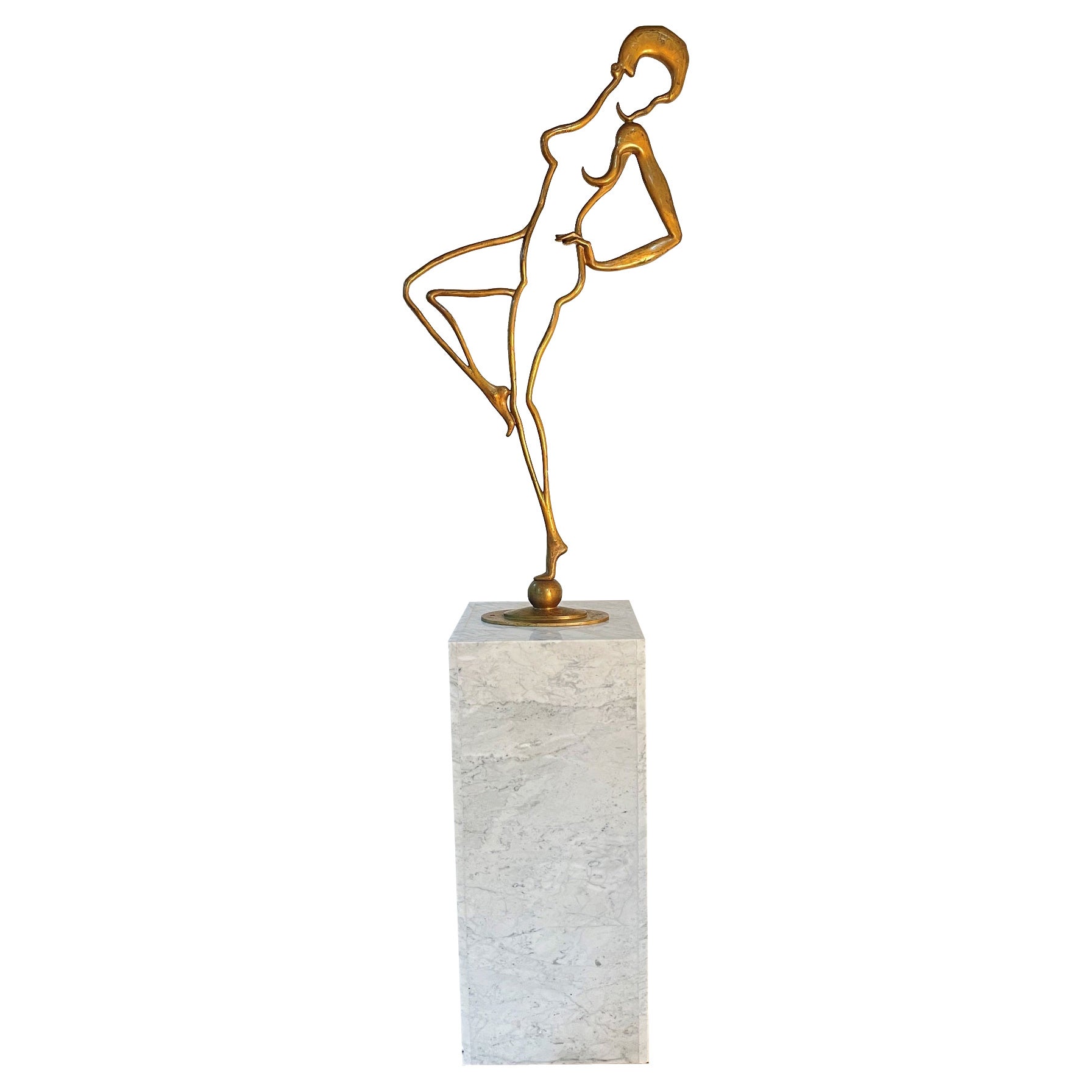 Grande sculpture figurative Art Déco en bronze sur piédestal en marbre de Carrare