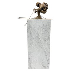 Signed Bronze Skier on Marble Pedestal