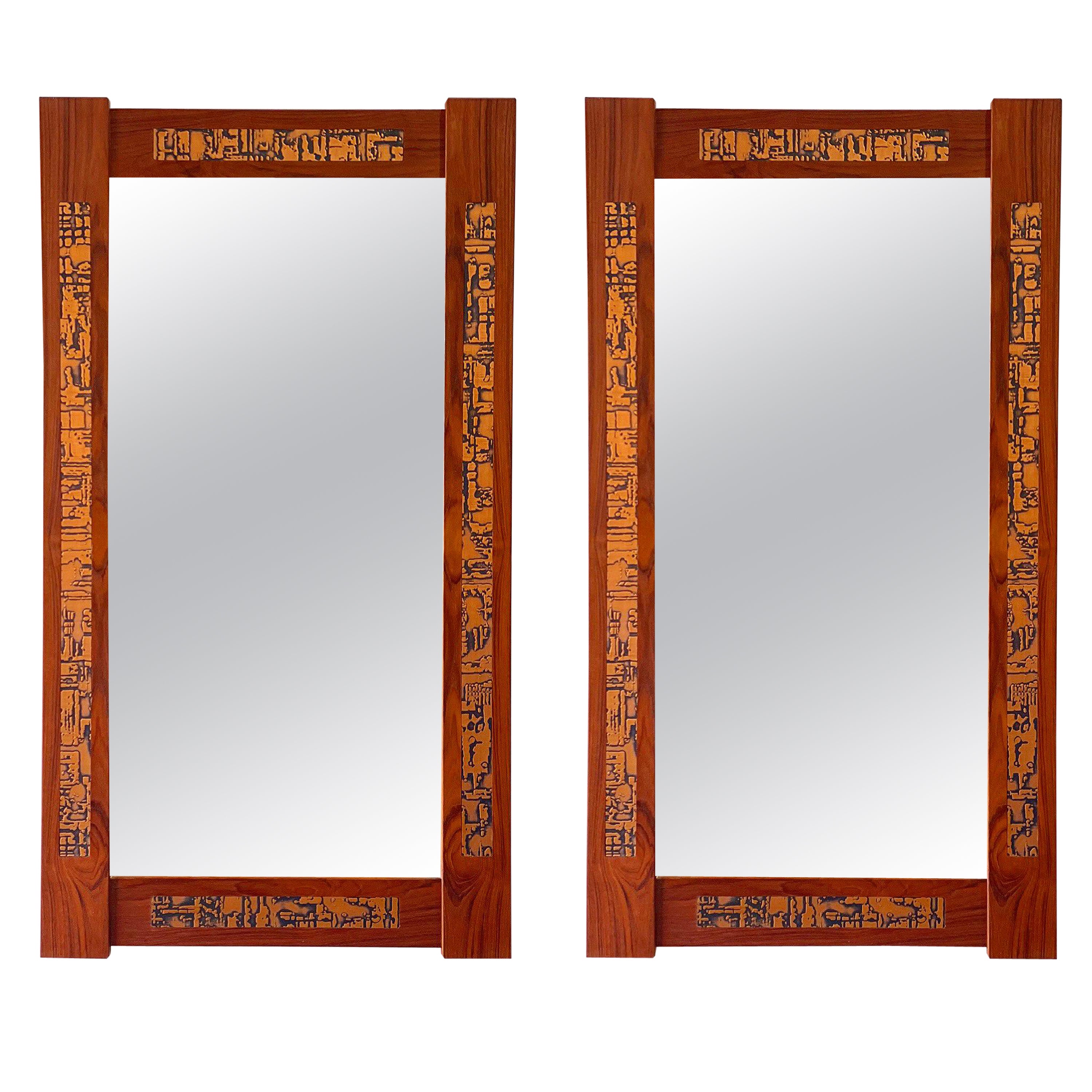 Pair of Mirrors by Pedersen & Hansen, Danish Modern Teak + Stamped Copper