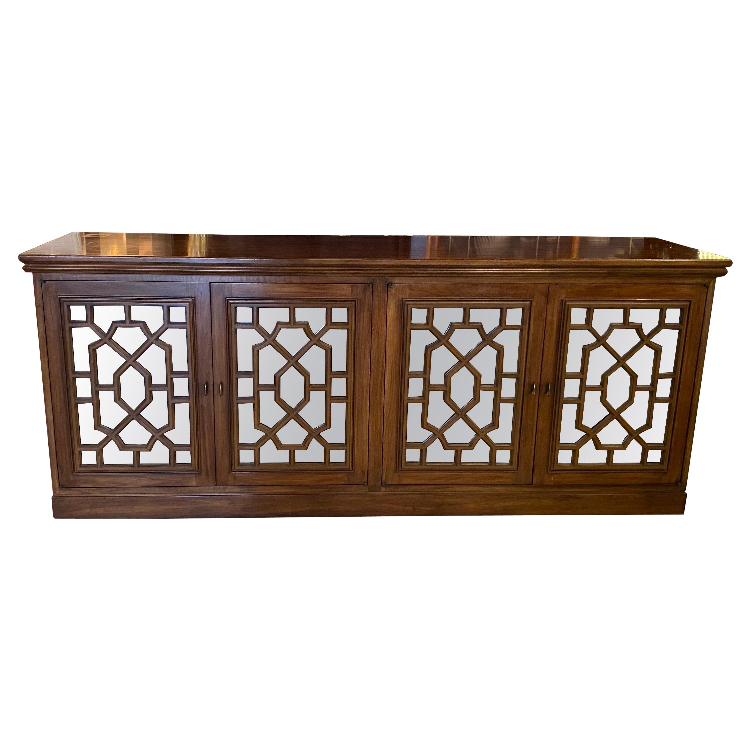 Vintage Wood Chinoiserie Fretwork Fret Mirrored Credenza Buffet Sideboard Doors