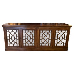 Vintage Wood Chinoiserie Fretwork Fret Mirrored Credenza Buffet Sideboard Doors
