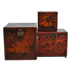 Vintage Set of Chinese Red & Black Boxes, 20th Century 