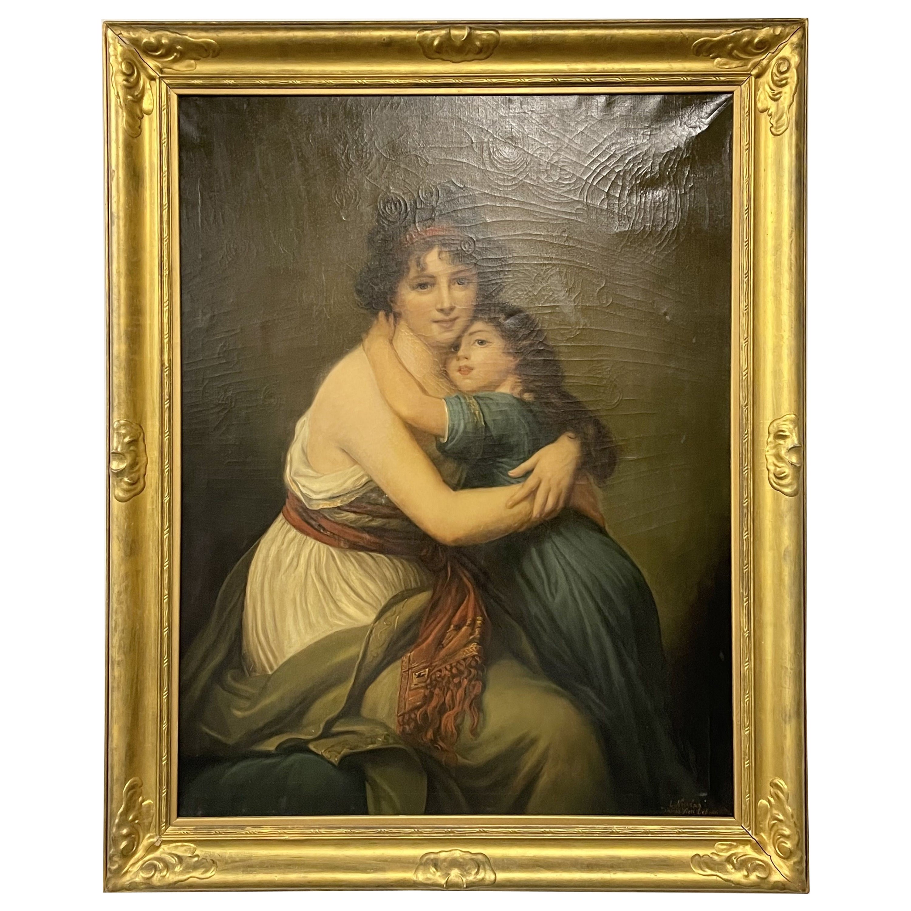 Grande huile sur toile « Mother and Child » (Mère et enfant) signée L. Nicolas
