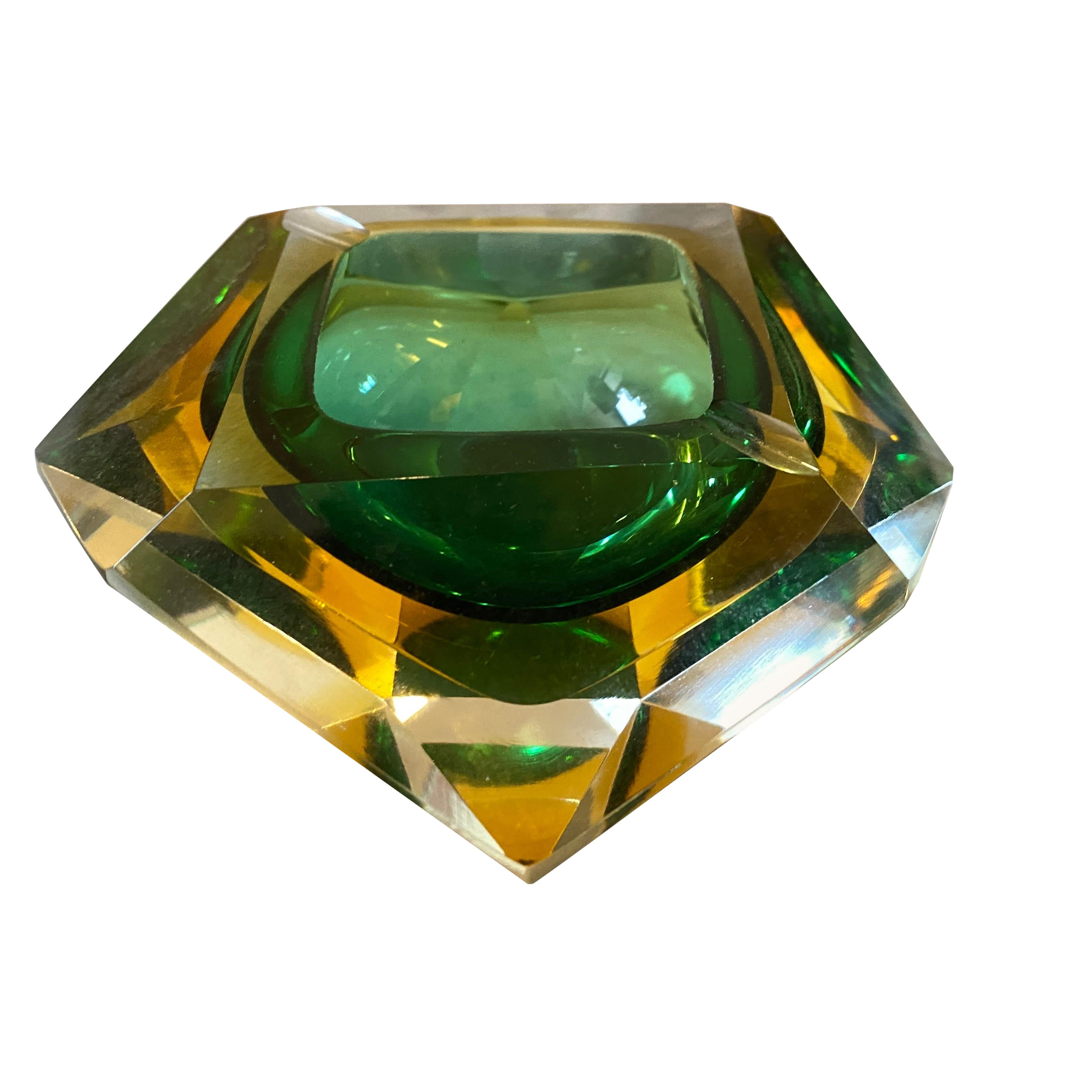 1970s Modernist Faceted Yellow and Green Sommerso Murano Glass Ashtray by Seguso